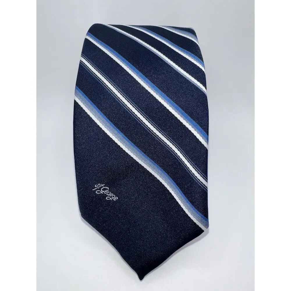 Allyn St George Tie Striped Navy Blue White Gray‎ Classic Polyester Necktie